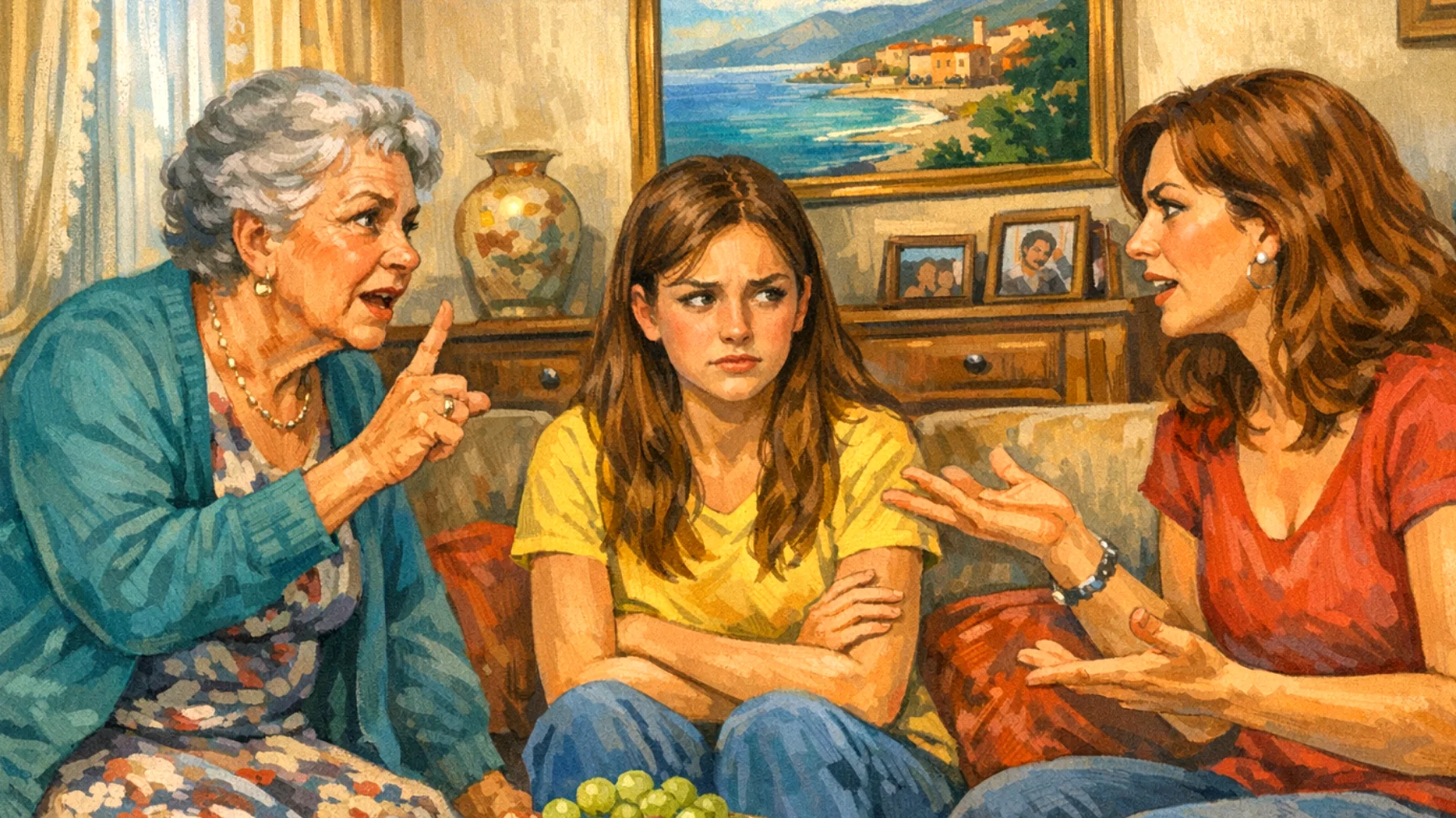 Nonna in conflitto con i genitori (suoi figli o nuore/generi) per divergenze educative e di gestione dei nipoti adolescenti, con tensioni sul ruolo e i confini generazionali"