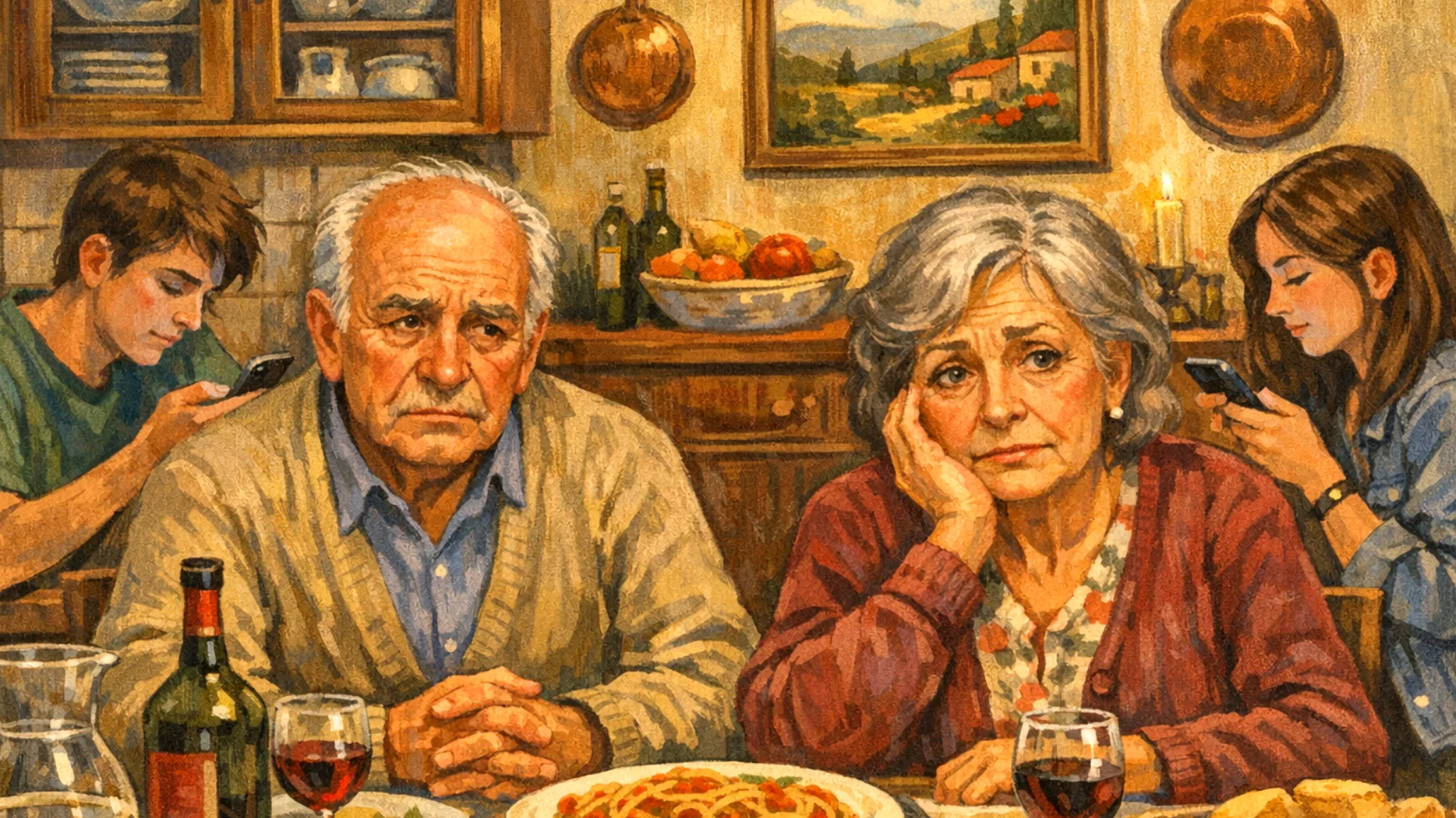 I nonni lamentano di vedere i nipoti adolescenti solo durante pranzi e cene di famiglia, senza riuscire a creare momenti di condivisione significativi. Gli adolescenti sono spesso distratti, con lo smartphone in mano, e non mostrano interesse per le storie e i valori che i nonni vorrebbero trasmettere. I nonni si sentono esclusi dalla vita quotidiana dei nipoti e temono di perdere il legame affettivo che avevano quando erano bambini."