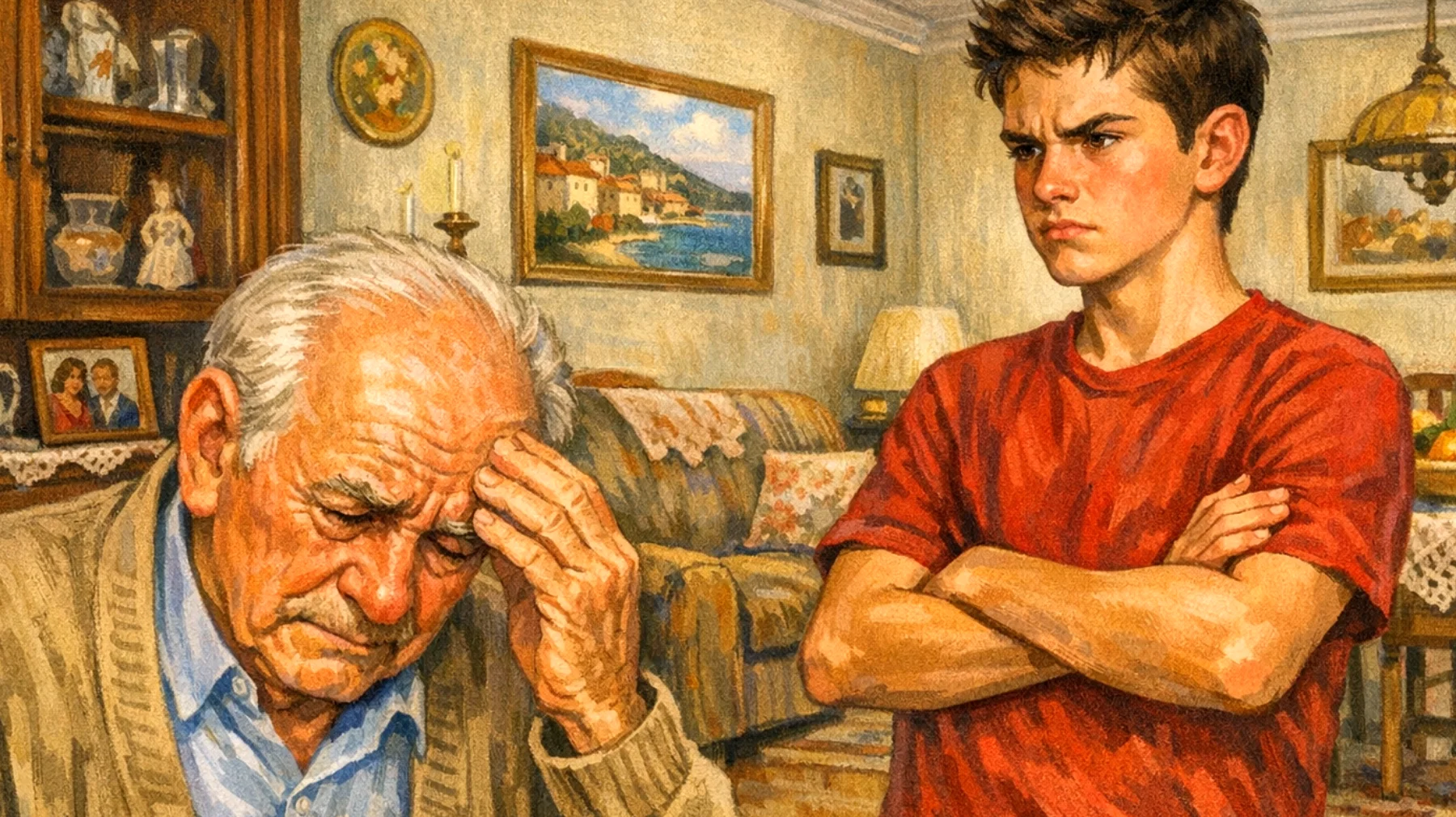 Il nonno fatica a gestire l'atteggiamento ribelle e oppositivo del nipote adolescente che non rispetta le sue indicazioni, contesta ogni regola e risponde in modo provocatorio, creando tensioni familiari"