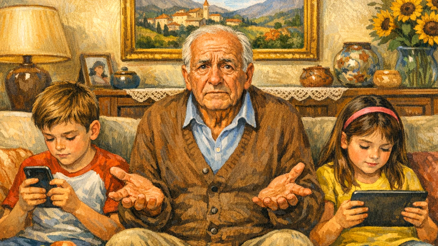 Il nonno fatica a relazionarsi con i nipoti bambini a causa delle differenze generazionali: i piccoli sono abituati a giochi digitali, ritmi veloci e stimoli immediati, mentre lui propone attività tradizionali che considera più educative ma che i bambini trovano noiose e poco coinvolgenti."