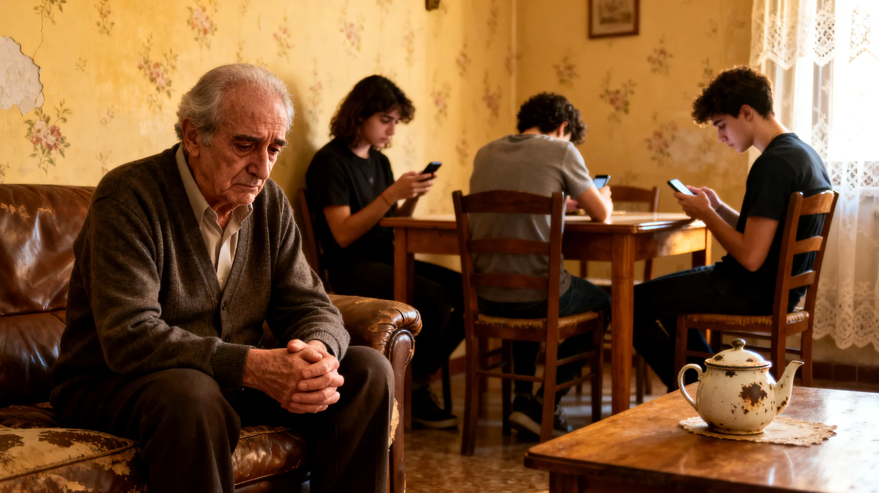 Il nonno fatica a instaurare un dialogo affettivo profondo con i nipoti giovani adulti, che sembrano distanti e poco inclini a condividere emozioni, pensieri personali e momenti di intimità emotiva, limitando la relazione a scambi superficiali"