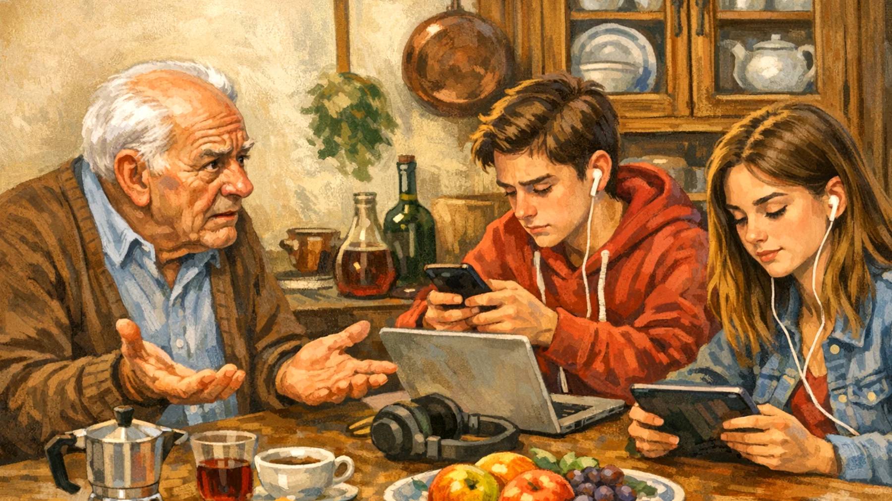 Il nonno fatica a comprendere e accettare le scelte di vita, i valori e gli interessi dei nipoti adolescenti, creando tensioni e incomprensioni dovute alla distanza generazionale tra il suo modo di vedere il mondo e quello dei ragazzi di oggi"